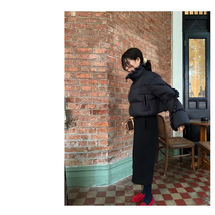 HDD- "花边羽绒" 90白鸭绒 冬季女款法式短款保暖面包羽绒服Y9181