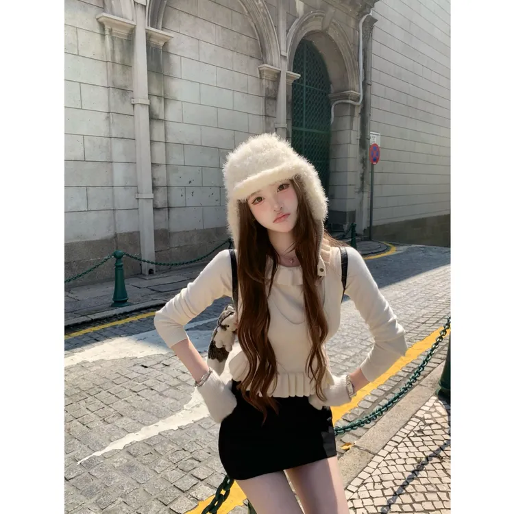 【珍妮奶油】 韩系甜美少女2025秋季假两件木耳边针织上衣裙裤套装