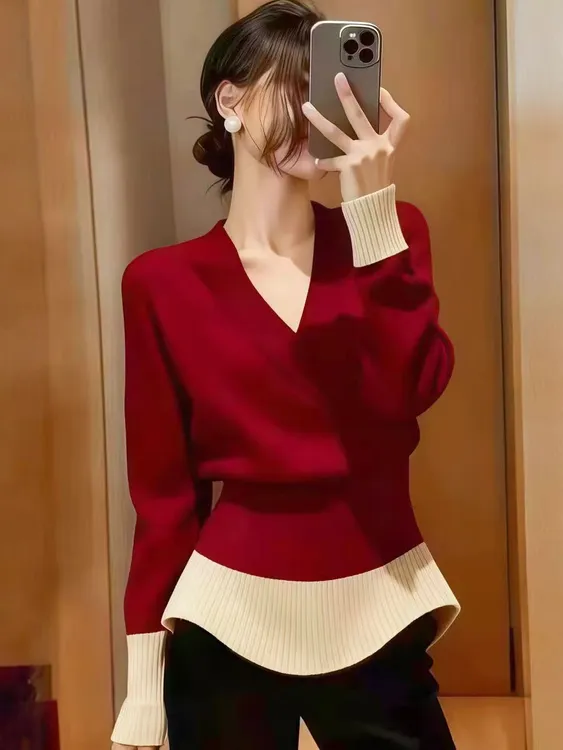 秋冬气质长袖针织V领法式冬季毛衣女针织衫首要大摆裙设计感上衣