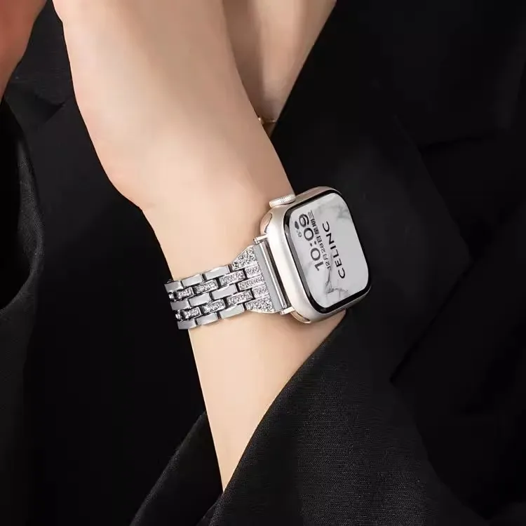 适用苹果手表s10表带iwatchs9/8/7/6/SE/Ultra2闪钻五珠女款腕带