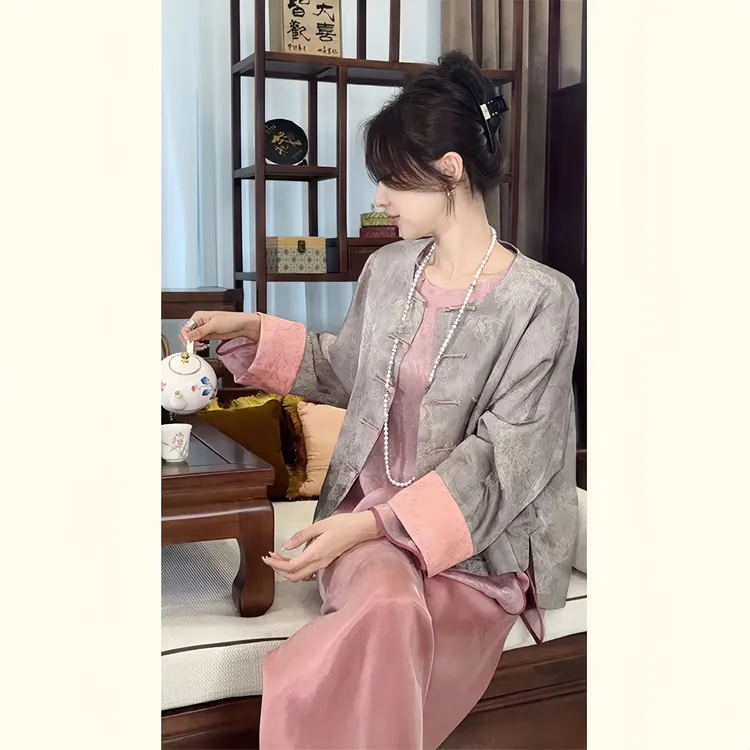 【现货】时尚短款新中式女装中国风唐装小个子复古粉色外套上衣春秋