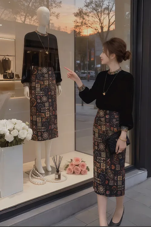 禾婉【绘梦几何】复古刺绣亮片中高腰提花A字半身裙女2025新款秋