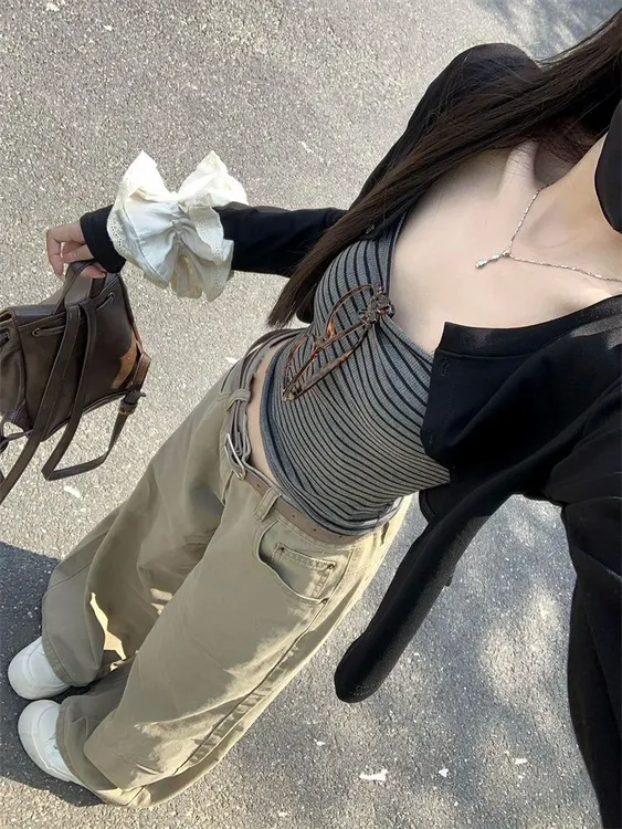 长袖开衫条纹背心吊带女秋季小众撞色辣妹时尚两件套
