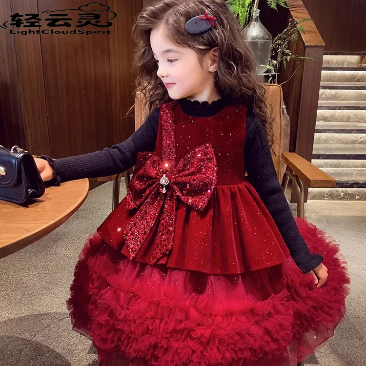 女童连衣裙秋冬2025新款儿童洋气蝴蝶结蓬蓬背心公主裙女孩礼服裙