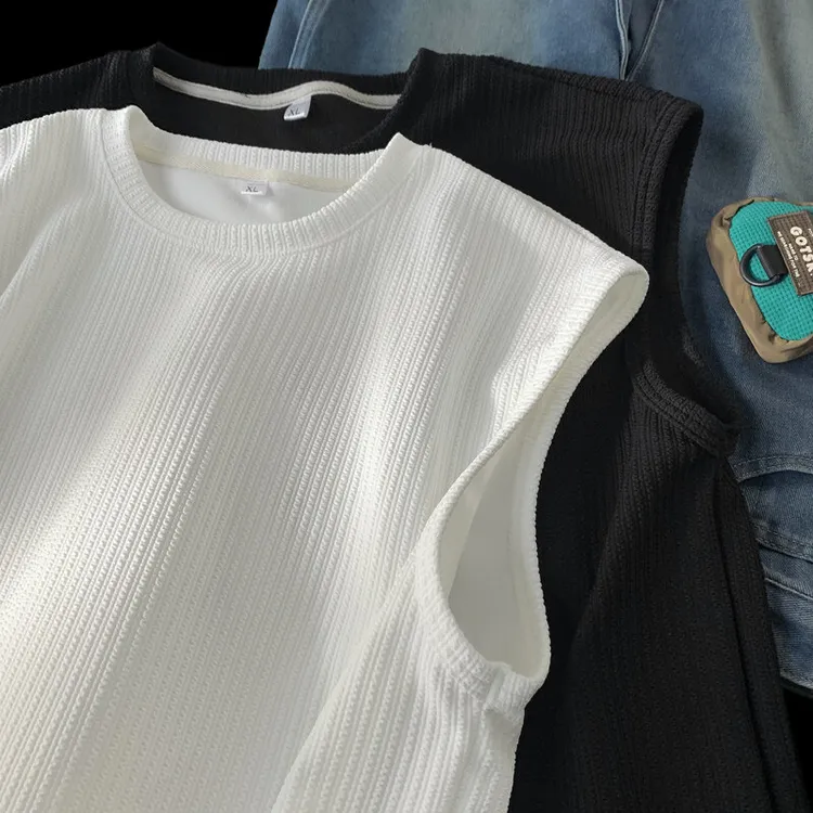 冰丝透气健身无袖T恤男夏季美式肌理感坑条坎肩潮牌休闲运动背心