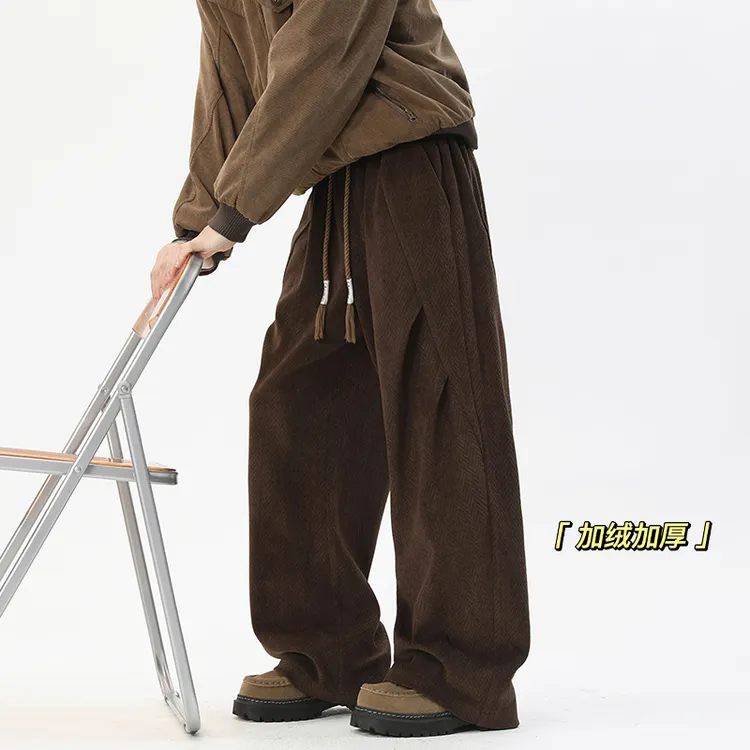 美式高街潮流褶皱休闲裤宽松直筒长裤子加绒加厚男士百搭阔腿裤  
