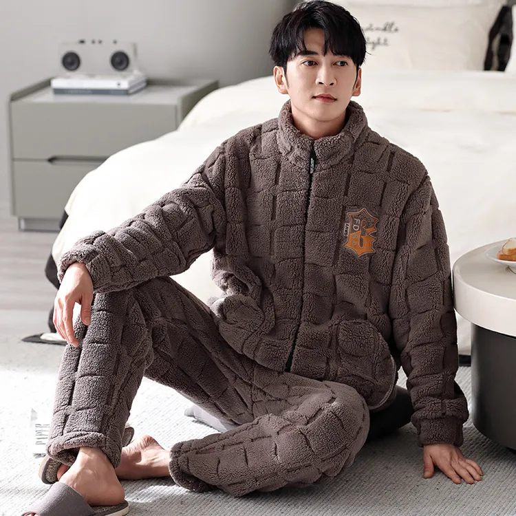 新款冬季男士睡衣加绒加厚舒棉绒开衫保暖大码休闲家居服两件套男