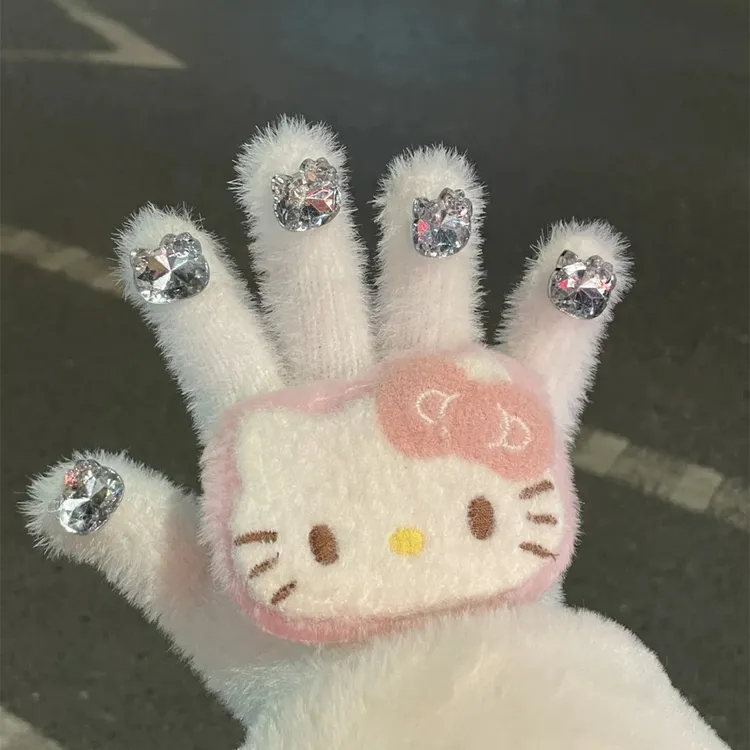 秋冬闪钻甜美ins毛绒手套韩系可爱kt加厚保暖防寒分指骑行手套