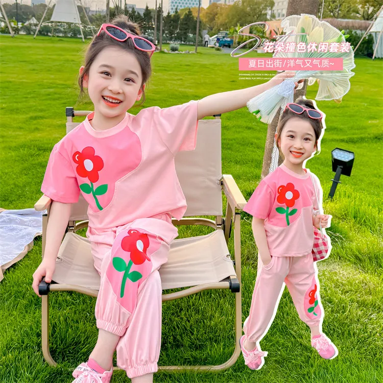 夏季新款女童向日葵花朵双拼色时尚运动套装儿童时髦洋气休闲套装