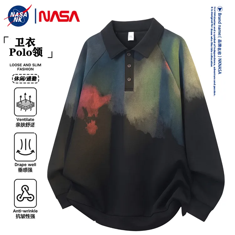 NASA联名日系扎染卫衣男士春秋季百搭休闲长袖polo衫情侣潮流上衣