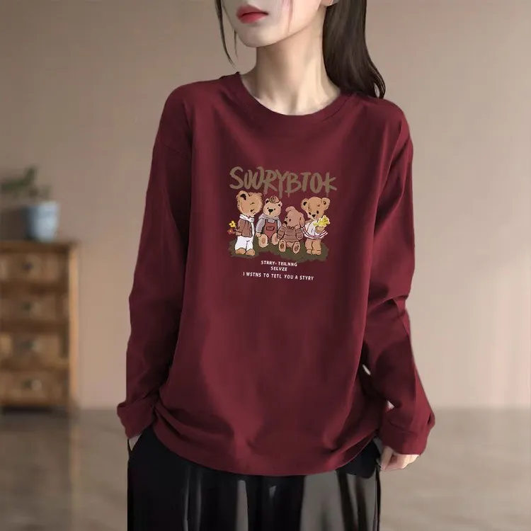 100%纯棉长袖T恤女大码印花秋冬新款洋气减龄宽松休闲遮肚子上衣