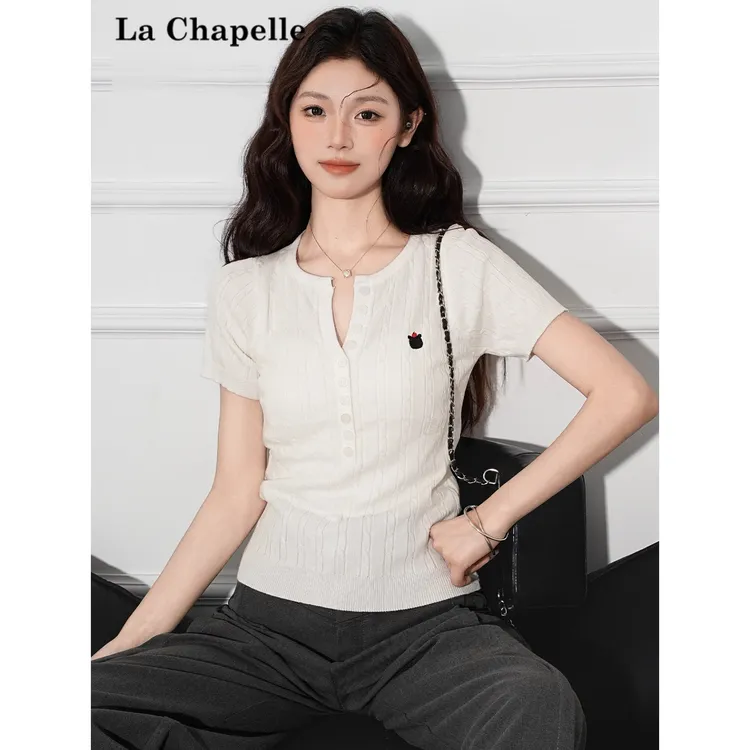 拉夏贝尔半开领针织短袖T恤女2025夏季修身显瘦正肩薄款设计上衣