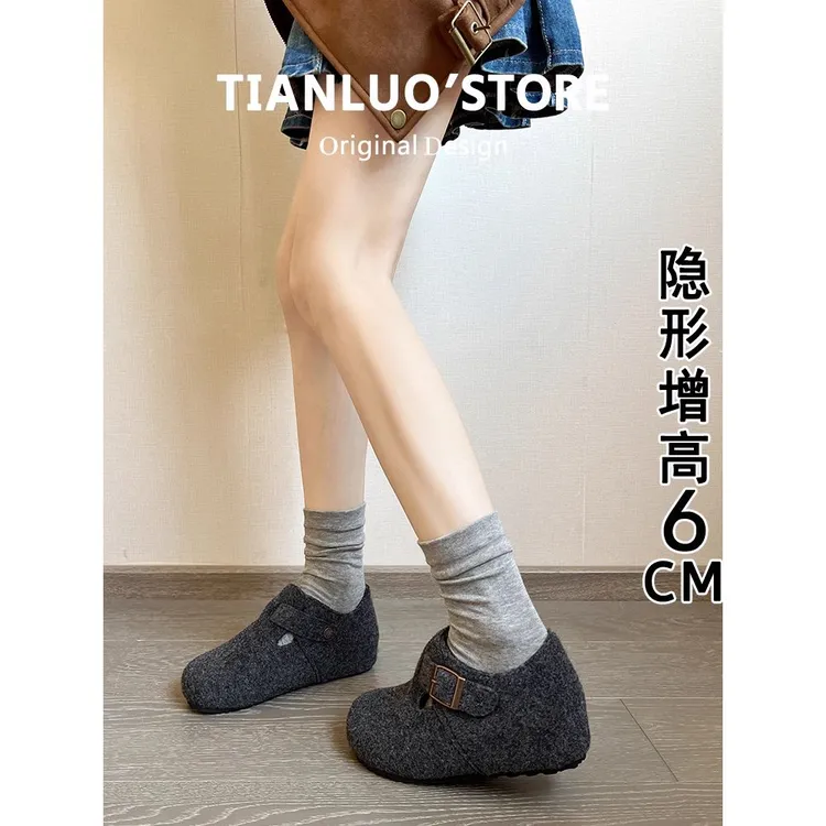 内增高灰色呢子厚底勃肯鞋女冬季加绒保暖毛毛棉鞋一脚蹬博肯单鞋