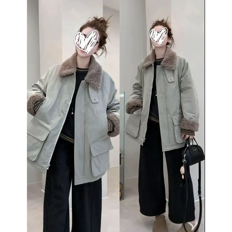 欧洲站毛茸茸翻领拼接中长款棉服女外套纯色宽松2025冬新款