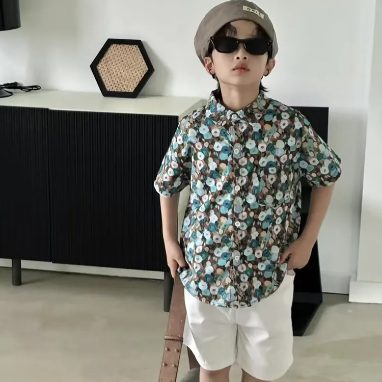 男童短袖衬衫儿童薄款宝宝夏季韩版衬衣上衣碎花开衫小童洋气开衫