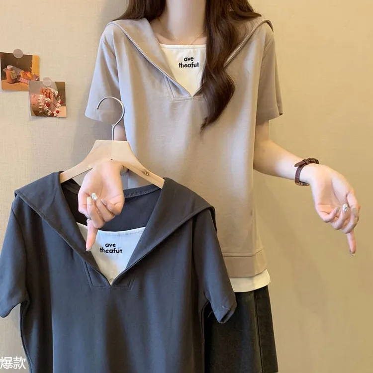 正肩短袖t恤女夏2025新款韩版宽松大码女装假两件海军领百搭上衣