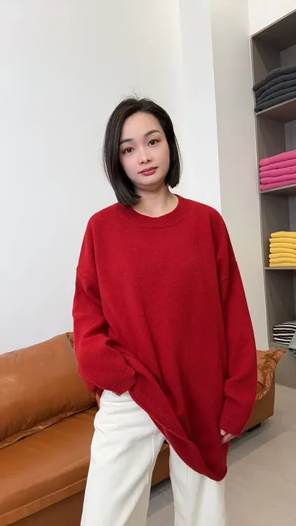 51-100冬季V领极简风宽松圆领毛针织衫套头秋季上衣