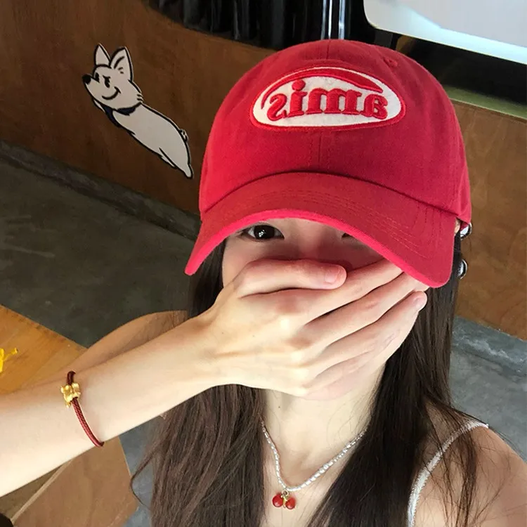 韩国ins红色棒球帽女夏季百搭大头围显脸小软顶帽子潮遮阳鸭舌帽