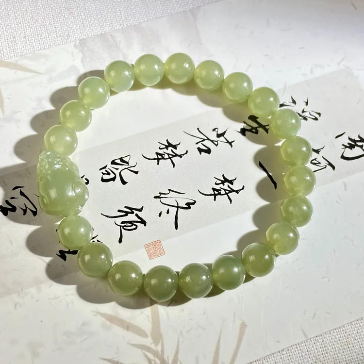 天然和田玉大气卡8mm搭配雕刻大貔貅时尚素圈手串-FY619