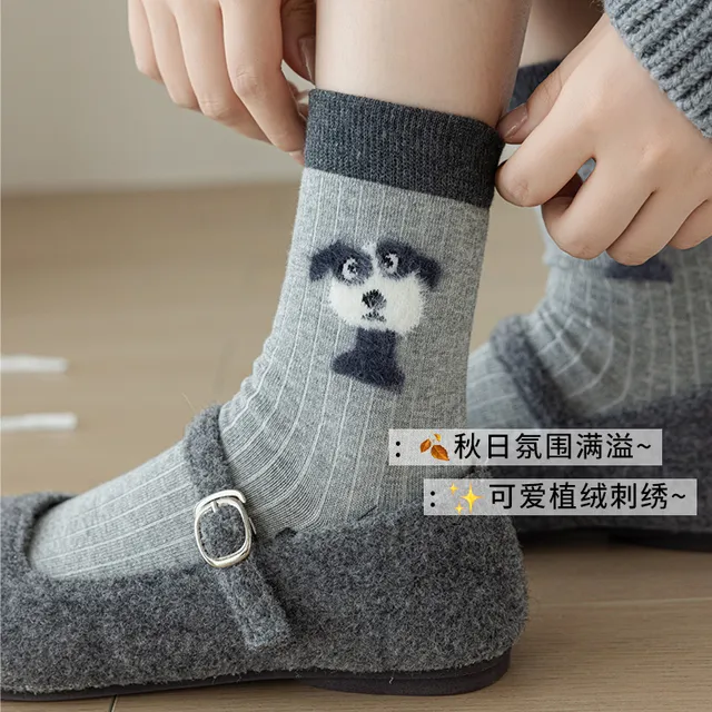可爱卡通动物袜子女早秋立体毛毡植绒小奶狗熊猫中筒袜堆堆棉袜子