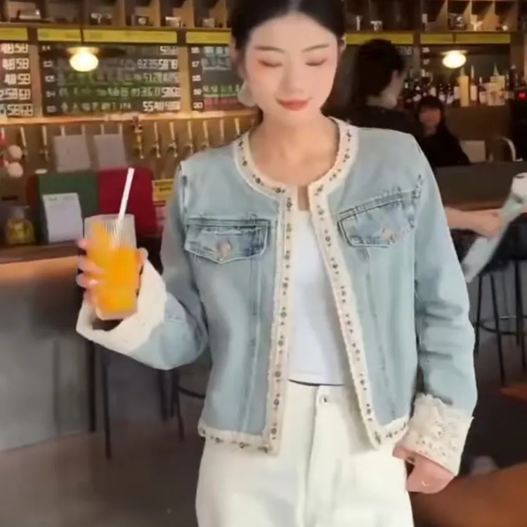 叶子-女拼接蕾丝短外套蕾丝拼接短夹克韩版长袖短款秋冬