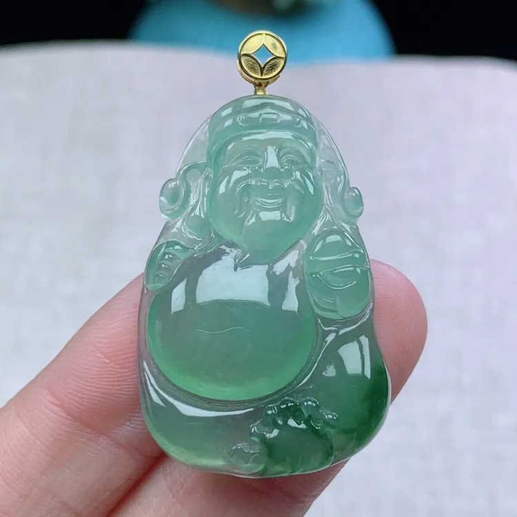 l缅甸天然翡翠A货37.8-25.3-5.7玉石冰种满绿财神爷吊坠礼物镶嵌