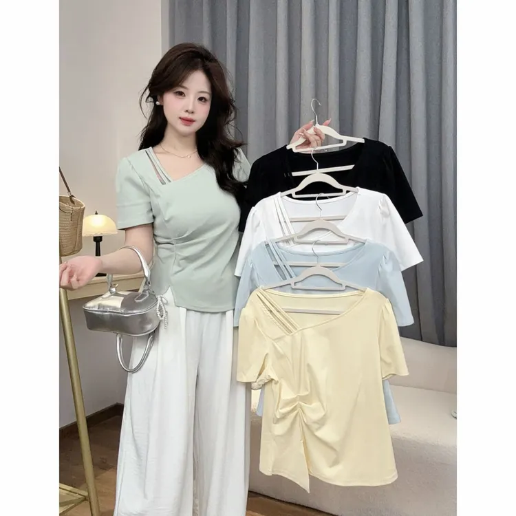 夏季新款大码胖mm宽松正肩捏褶不规则T恤镂空设计感斜领上衣女