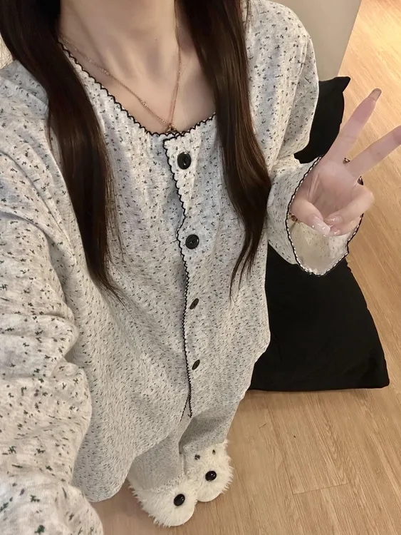 【DMXJ大梦想家】少女碎花开衫睡衣女秋2025新款休闲花边家居服套装
