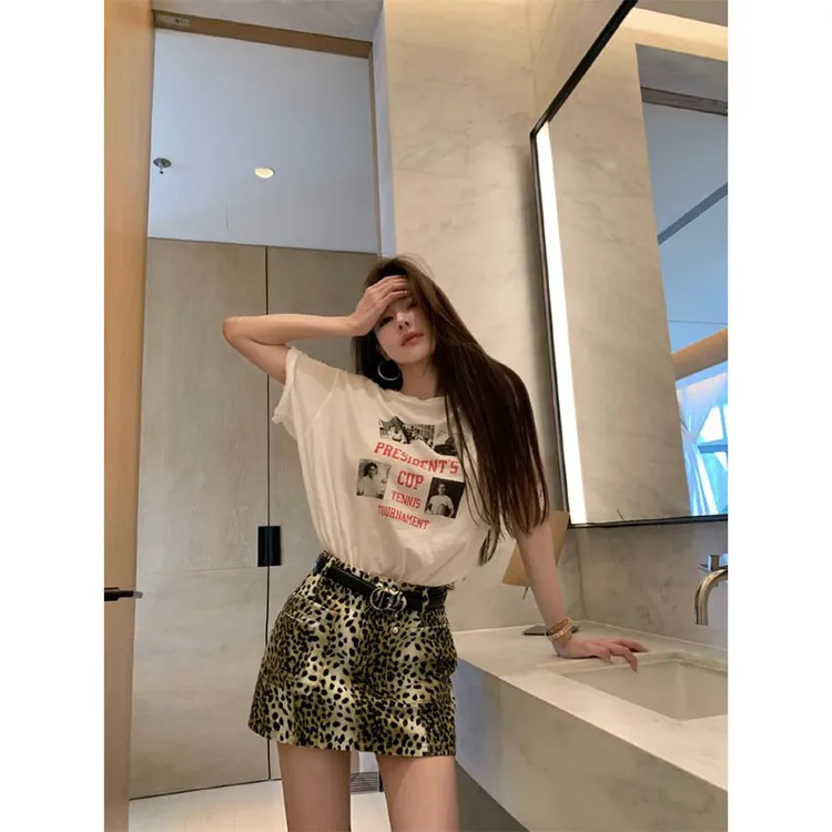 夏季甜辣风休闲百搭印花白色短袖T恤上衣高腰豹纹包臀半身裙短裙