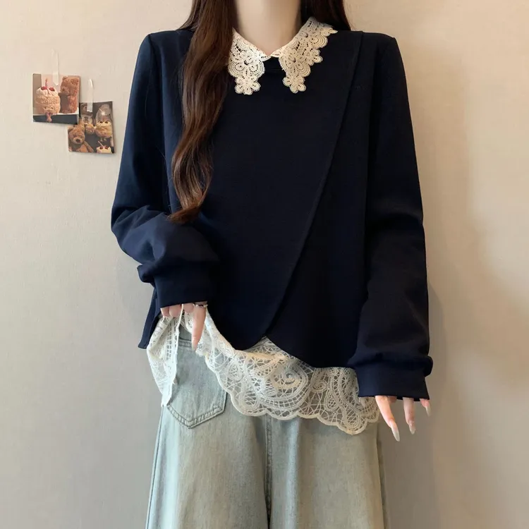大码假两件娃娃领蕾丝拼接卫衣女春秋微胖MM宽松显瘦百搭洋气上衣