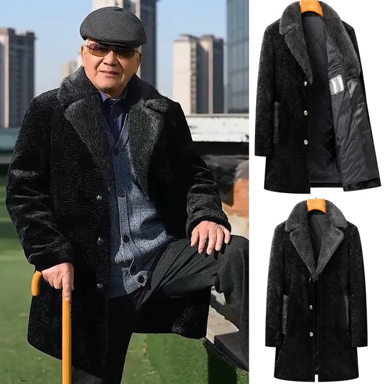 仿貂绒高档冬季西装领外套中年男士爸爸冬装加厚保暖中长款大衣