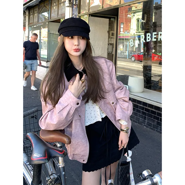 玫瑰茶渍 巴恩风两色拼接领外套女秋季2025宽松廓形口袋显瘦上衣