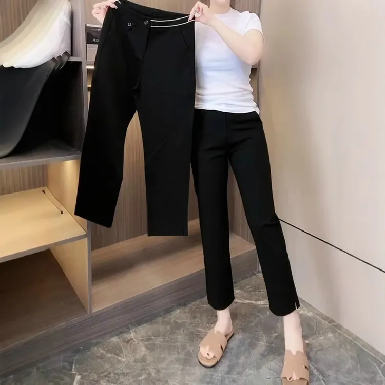 秋冬休闲裤显瘦开叉黑色直筒西装裤高腰大码女弹力加绒九分烟管裤