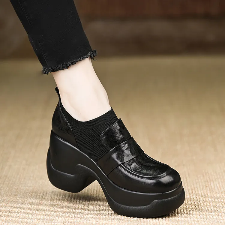 小个子女鞋9cm~防水台头层羊皮浅口单鞋女坡跟高跟圆头高跟鞋黑色