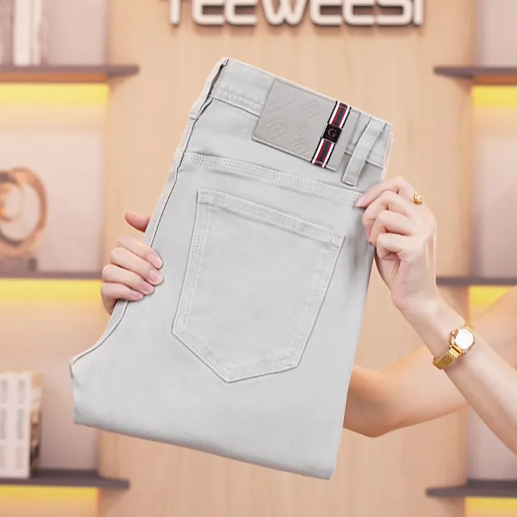 秋冬厚款白灰色牛仔裤男士高端弹力九分裤潮流修身百搭小直筒长裤