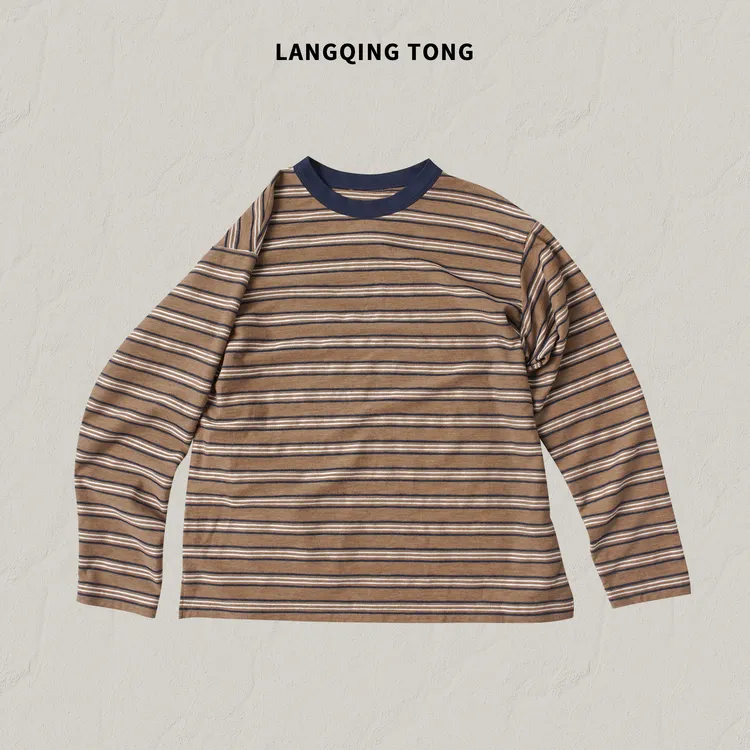 LANGQING 简约日系文艺松弛感长袖条纹T恤46809#