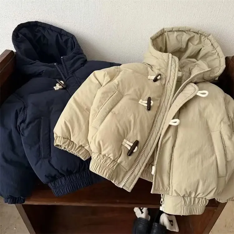 儿童棉服2025冬季新品男女童短款连帽加绒加棉防寒服宝宝纯色外套