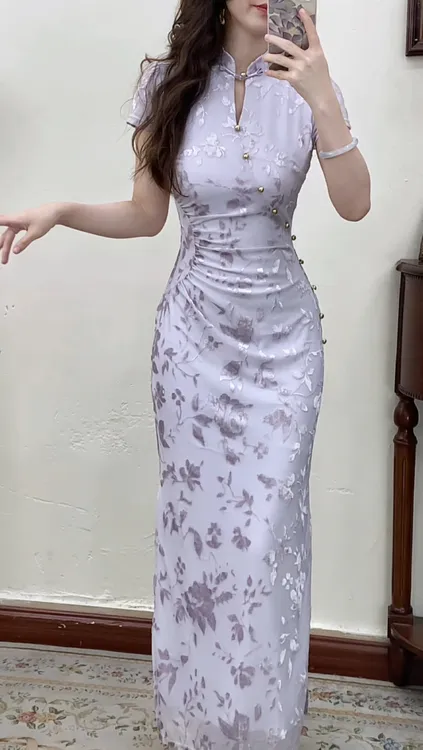 予溪自制【梦瑶】国风新中式浅紫色竹叶晕染旗袍裙