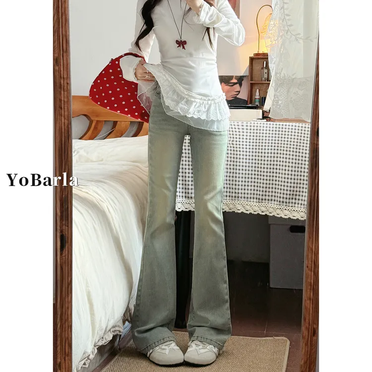 浅色做旧黄泥染微喇牛仔裤女秋季新款胖mm大码显瘦高腰弹力马蹄裤