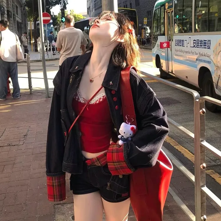 kt刺绣标格子拼接牛仔外套女2025年早秋季新款小众港风复古时髦潮