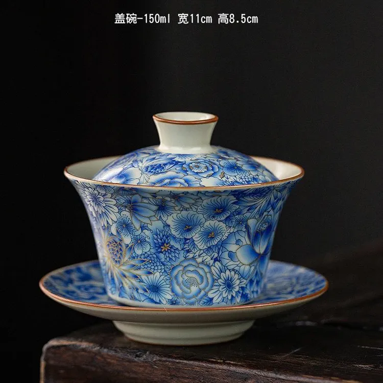 34号150CC青花悬停三才盖碗汝窑茶杯陶瓷万花茶碗繁花似锦盖碗