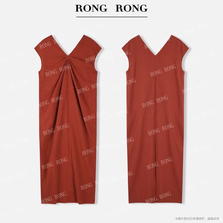 溶溶【绯夜赴宴】RONGRONG莱赛尔亚麻V领褶皱显瘦气质连衣裙25C8152
