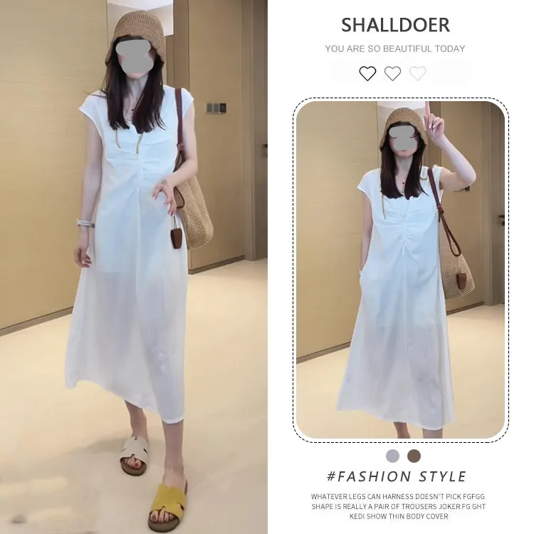 热者法式V领亚麻连衣裙女夏季薄款轻奢无袖设计感显瘦收腰长裙