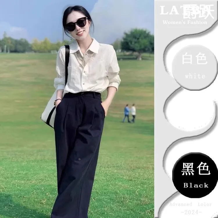 2025春季穿搭一整套高级感小个子白色衬衫上衣西装阔腿裤两件套装