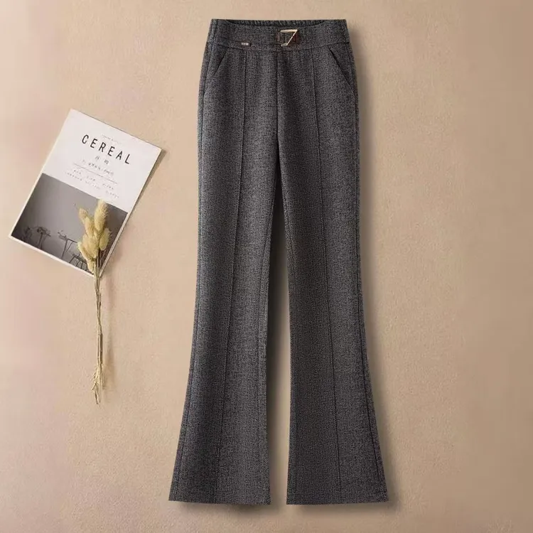 #23888高端绵羊呢加厚微喇叭裤新款秋冬醋酸高腰显瘦微喇裤