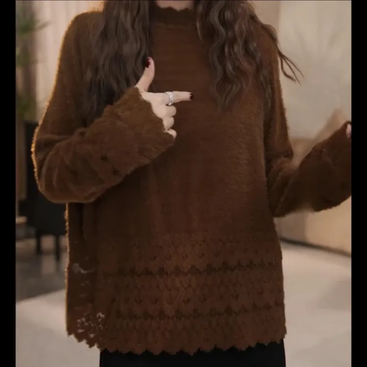 【绒感蕾丝】立领蕾丝磨毛长袖T恤2025冬季新款百搭显瘦设计感上衣