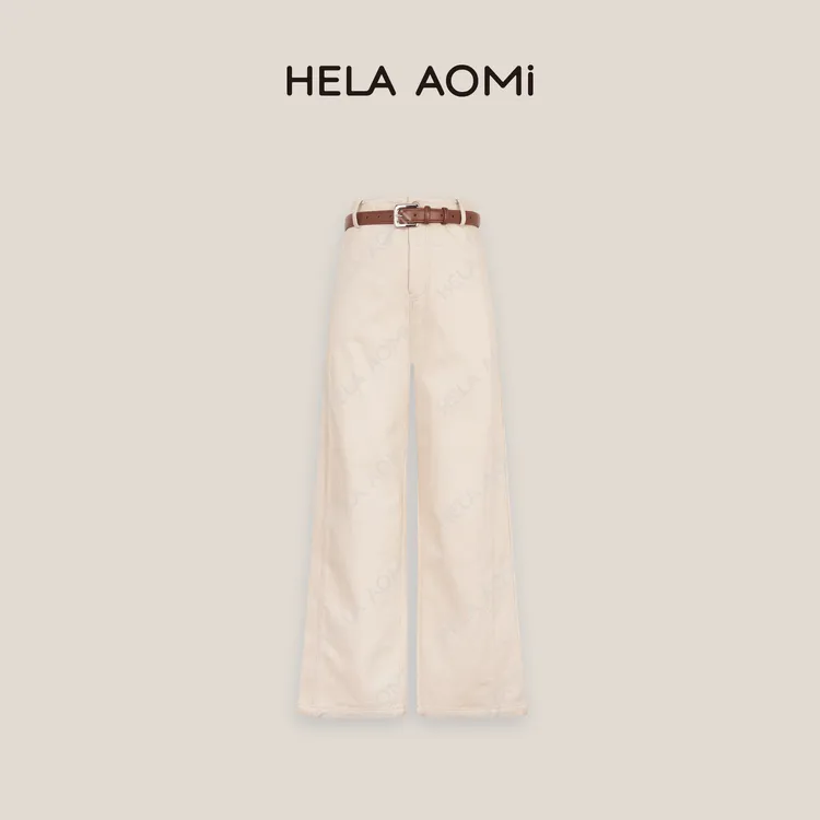 HELAAOMI“腰带原牛”100%棉时尚窄版直筒阔腿牛仔长裤