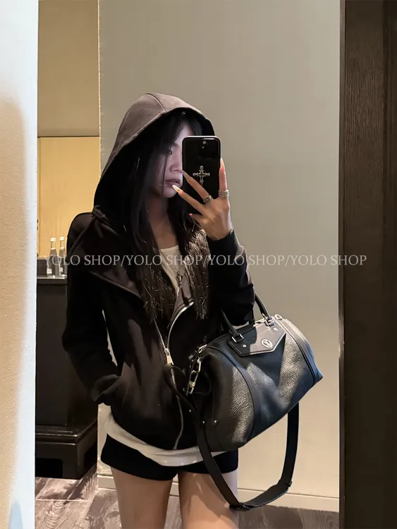 YOLO SHOP  黑色连帽卫衣女初秋修身外套上衣