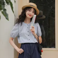 慕兔法式蓝色条纹短袖衬衫女2025新款夏季设计感小众气质宽松上衣