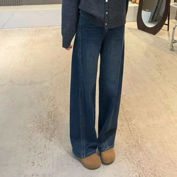 宿慕SUMU 设计感拼接加绒保暖弯刀牛仔裤10-19冬季牛仔裤33017